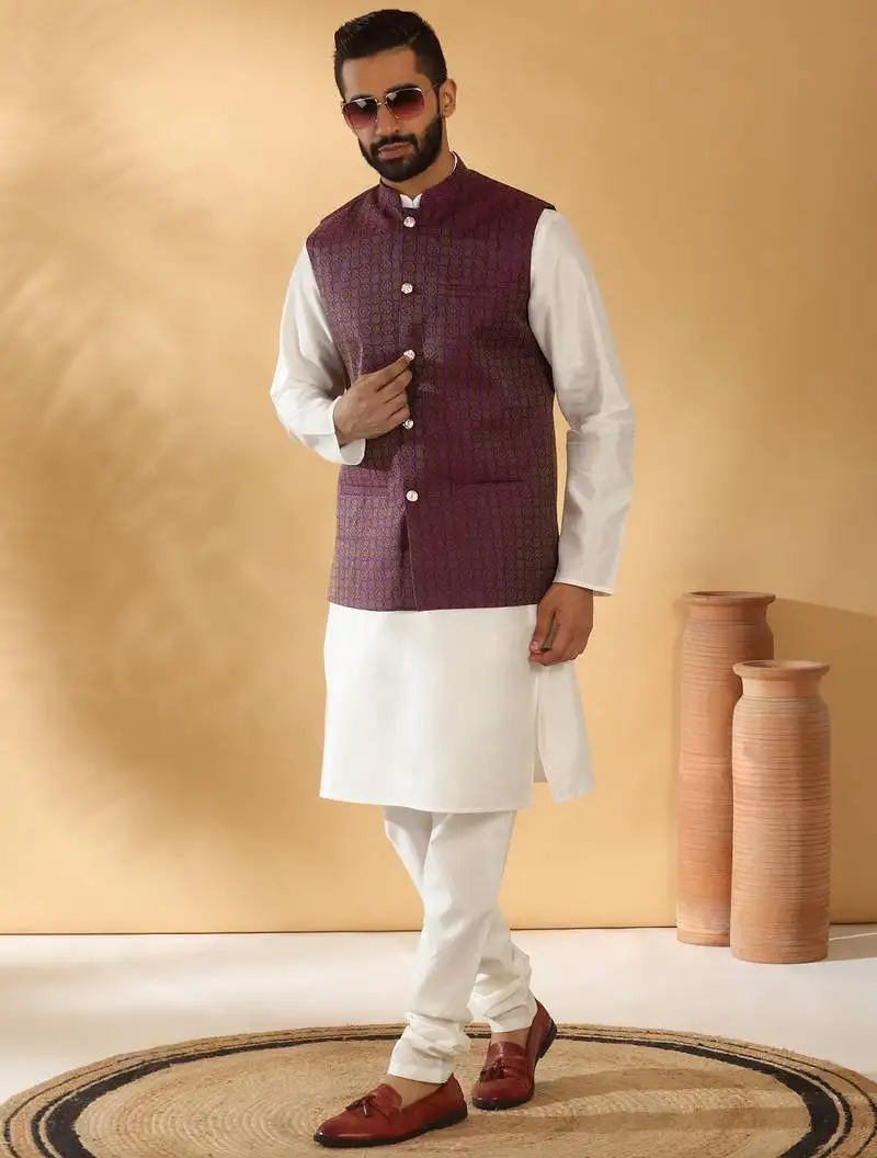 Silk blend cream kurta and churidar with jacquard geometric purple nehru jacket