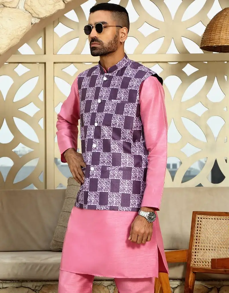 Silk blend solid pink kurta and churidar with purple printed nehru jacket