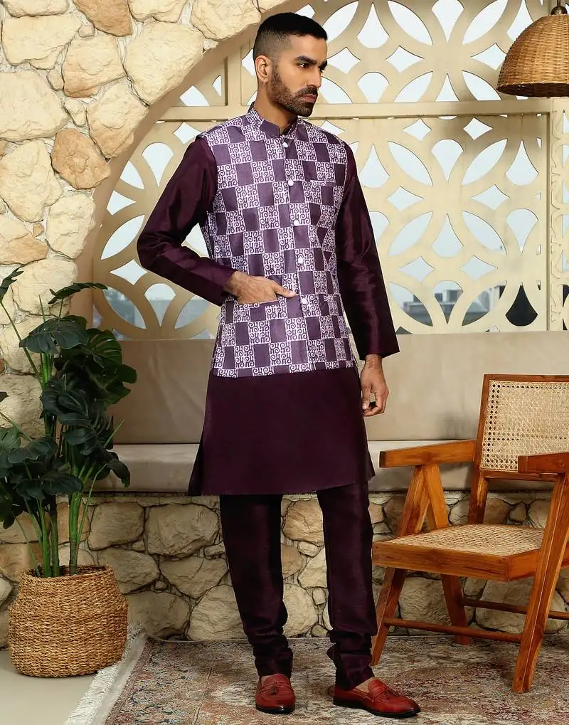 Silk blend solid wine kurta and churidar with printed nehru jacket