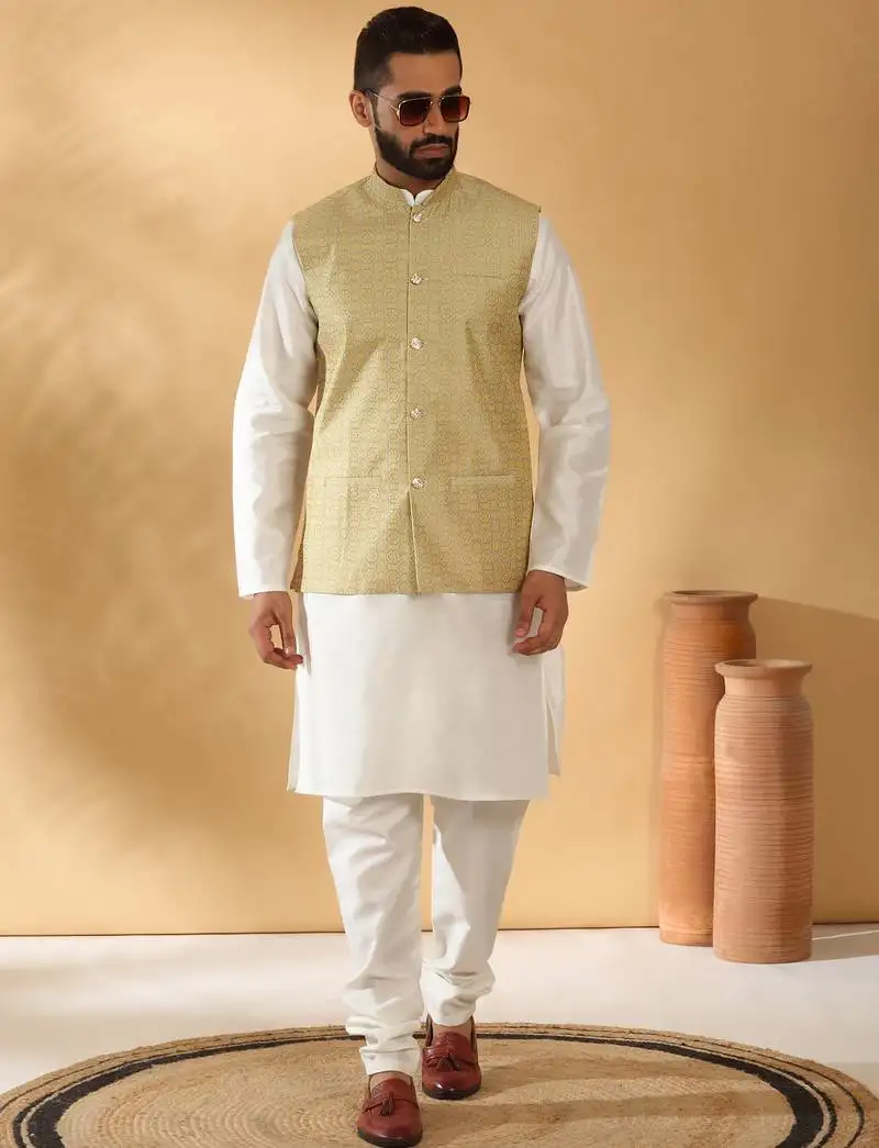 Silk blend cream kurta and churidar with jacquard geometric beige nehru jacket