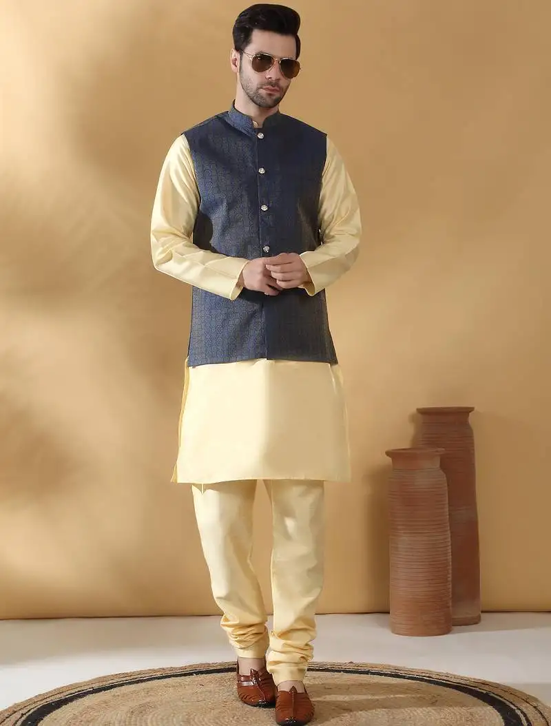Silk blend beige kurta and churidar with jacquard geometric blue nehru jacket