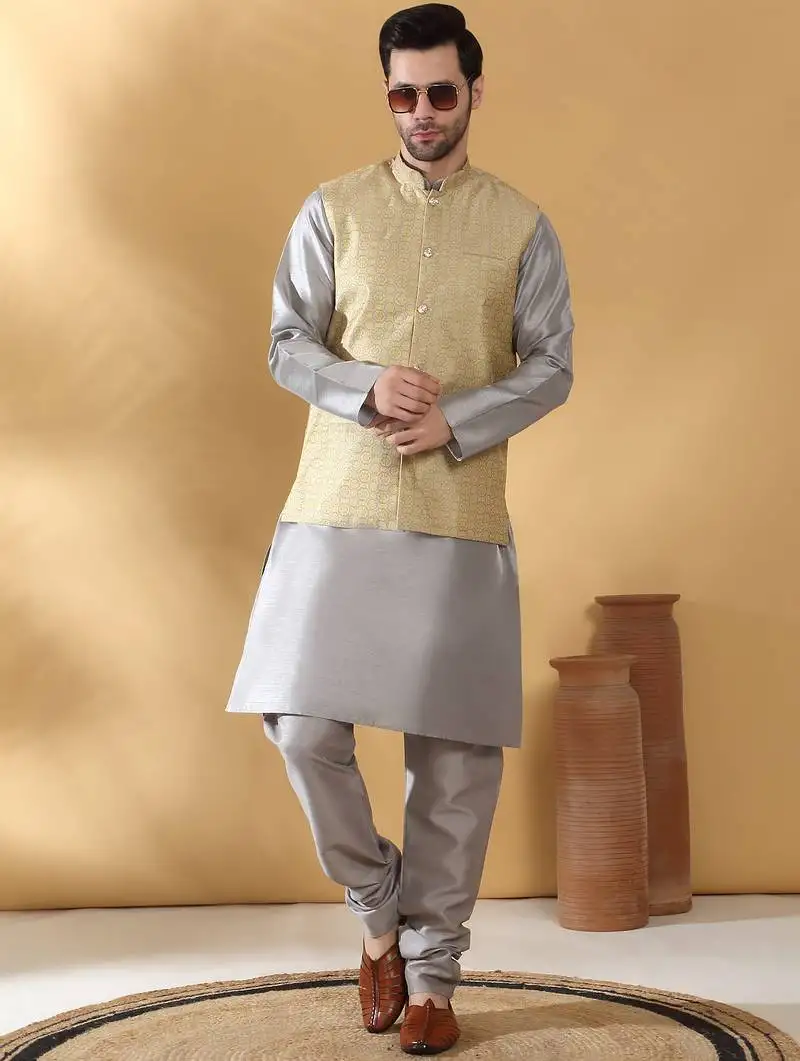 Silk blend grey kurta and churidar with jacquard geometric beige nehru jacket