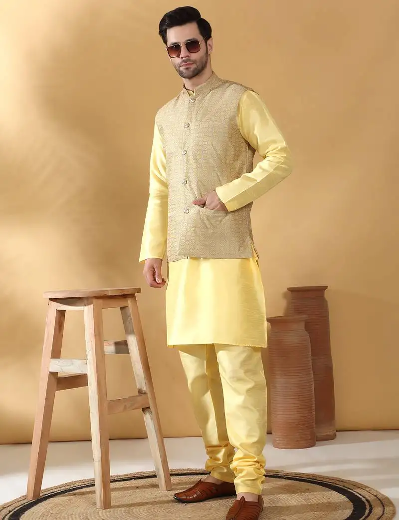 Silk blend yellow kurta and churidar with jacquard geometric beige nehru jacket