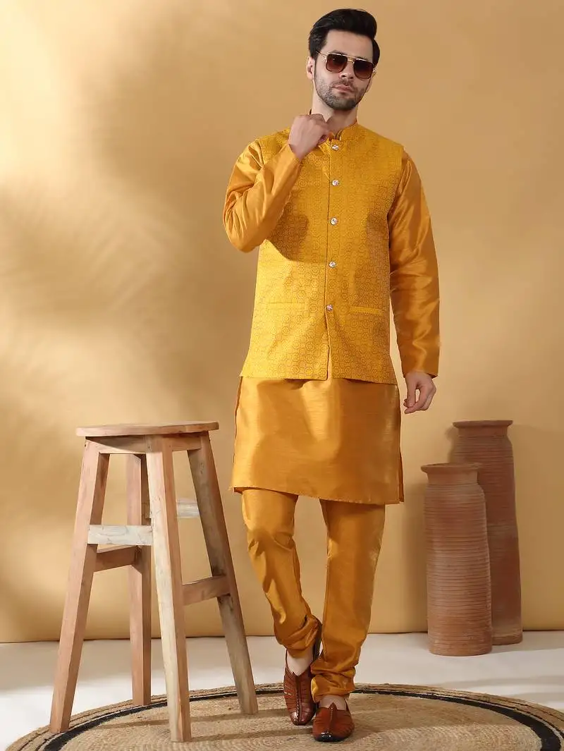 Silk blend mustard kurta and churidar with jacquard geometric nehru jacket