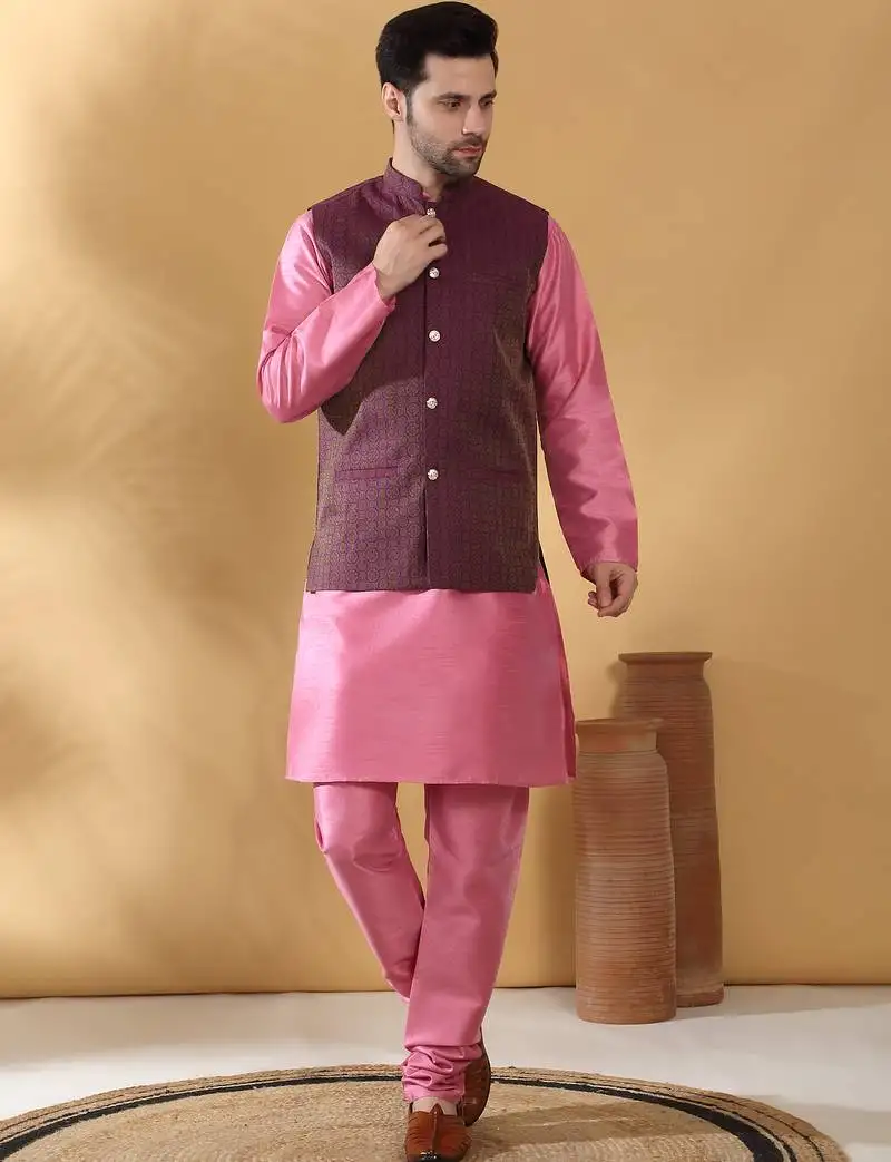 Silk blend pink kurta and churidar with jacquard geometric purple nehru jacket