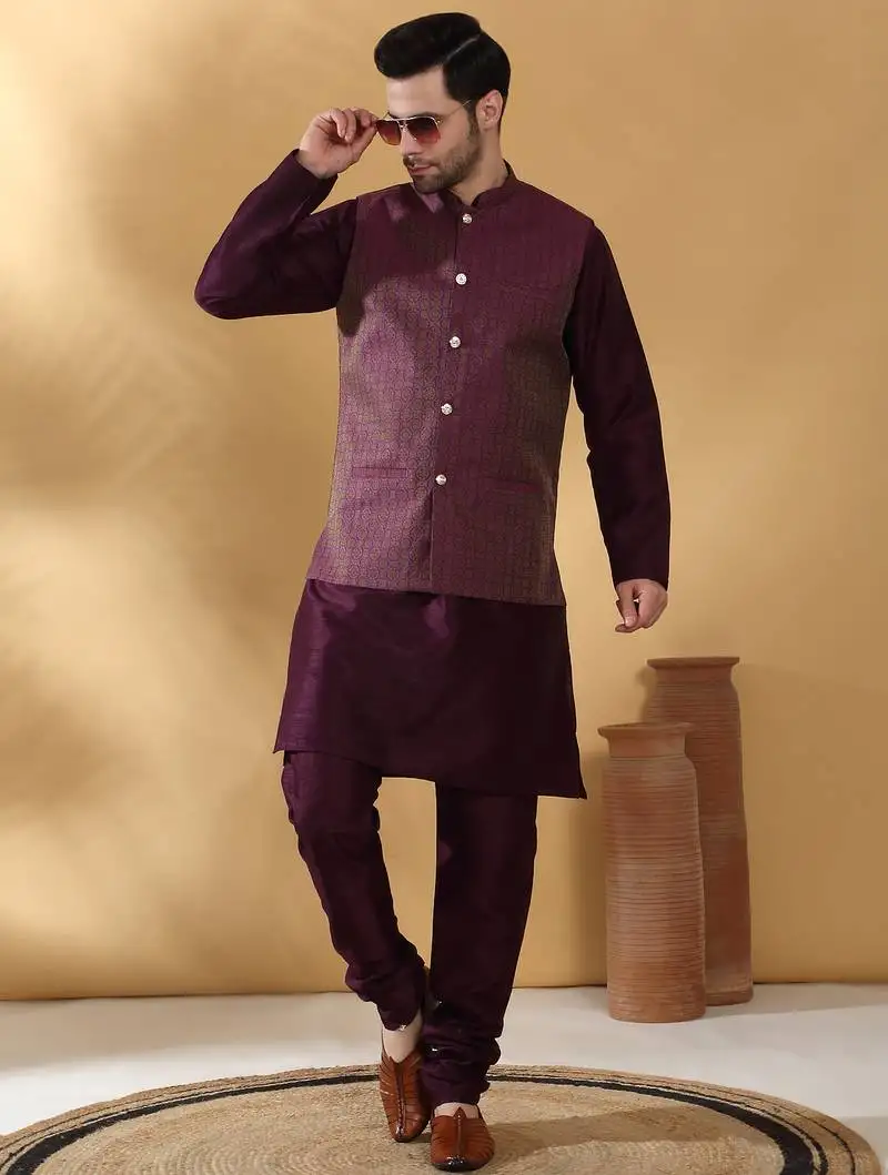Silk blend purple kurta and churidar with jacquard geometric purple nehru jacket