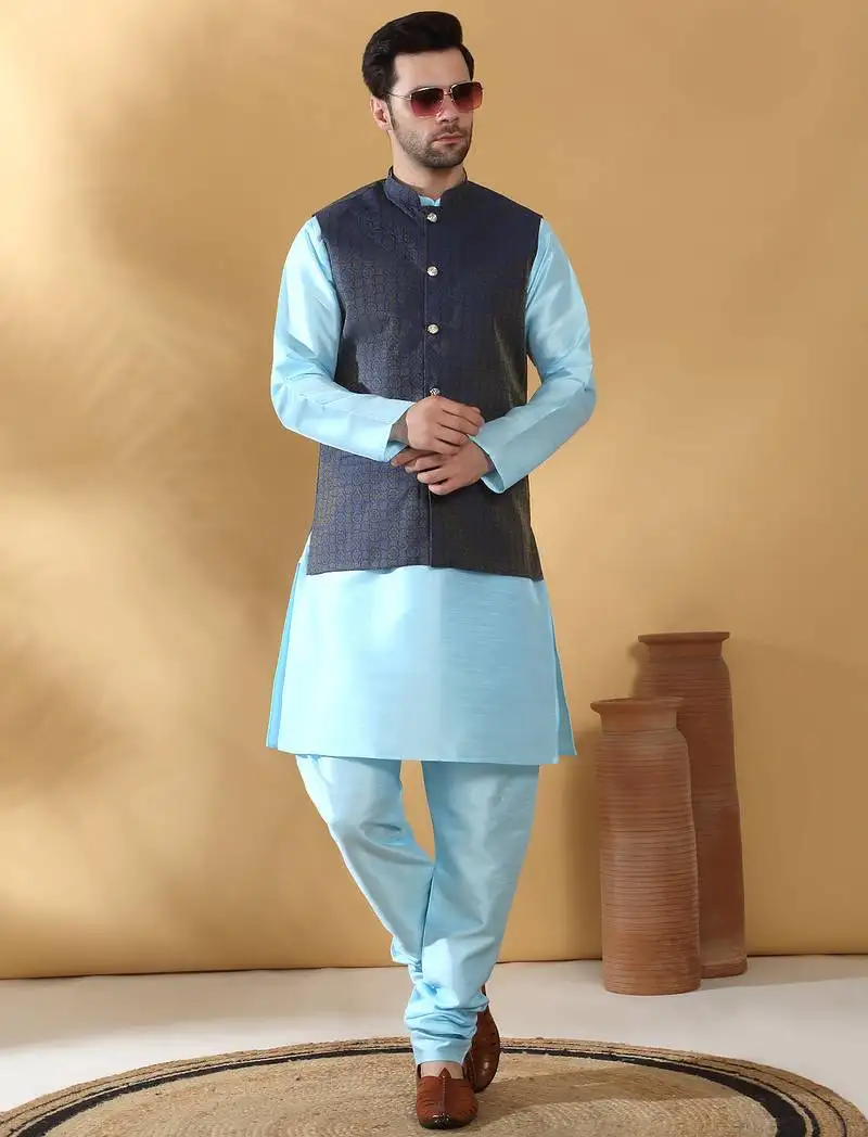 Silk blend blue kurta and churidar with jacquard geometric blue nehru jacket