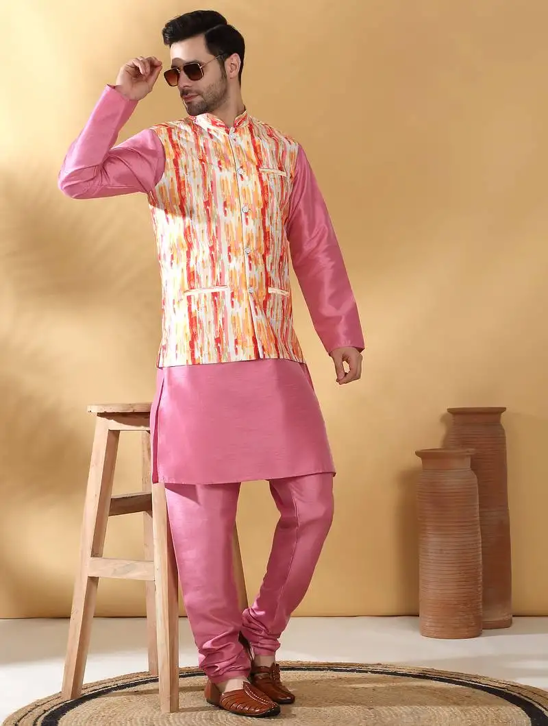 Silk blend pink kurta and churidar with tie-dye orange nehru jacket