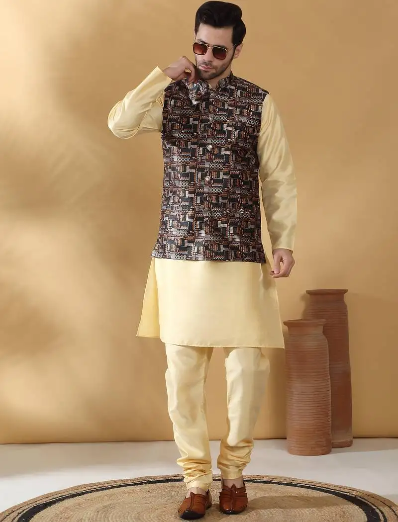 Silk bleand beige kurta churidar with abstract printed black nehru jacket