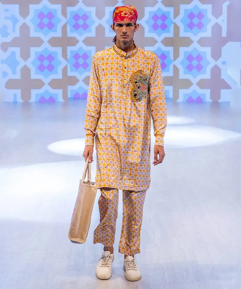Yellow printed crepe kurta pajama