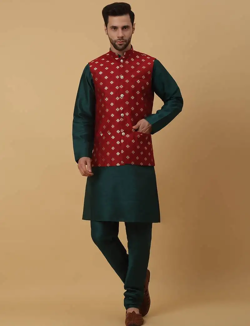 Men's green kurta and churidar with jacquard ethnic nehru jacket