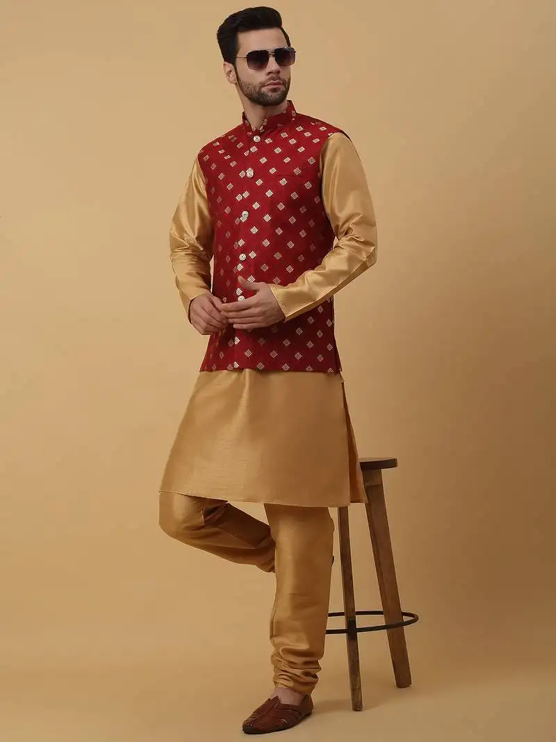 Men's gold kurta and churidar with jacquard ethnic nehru jacket