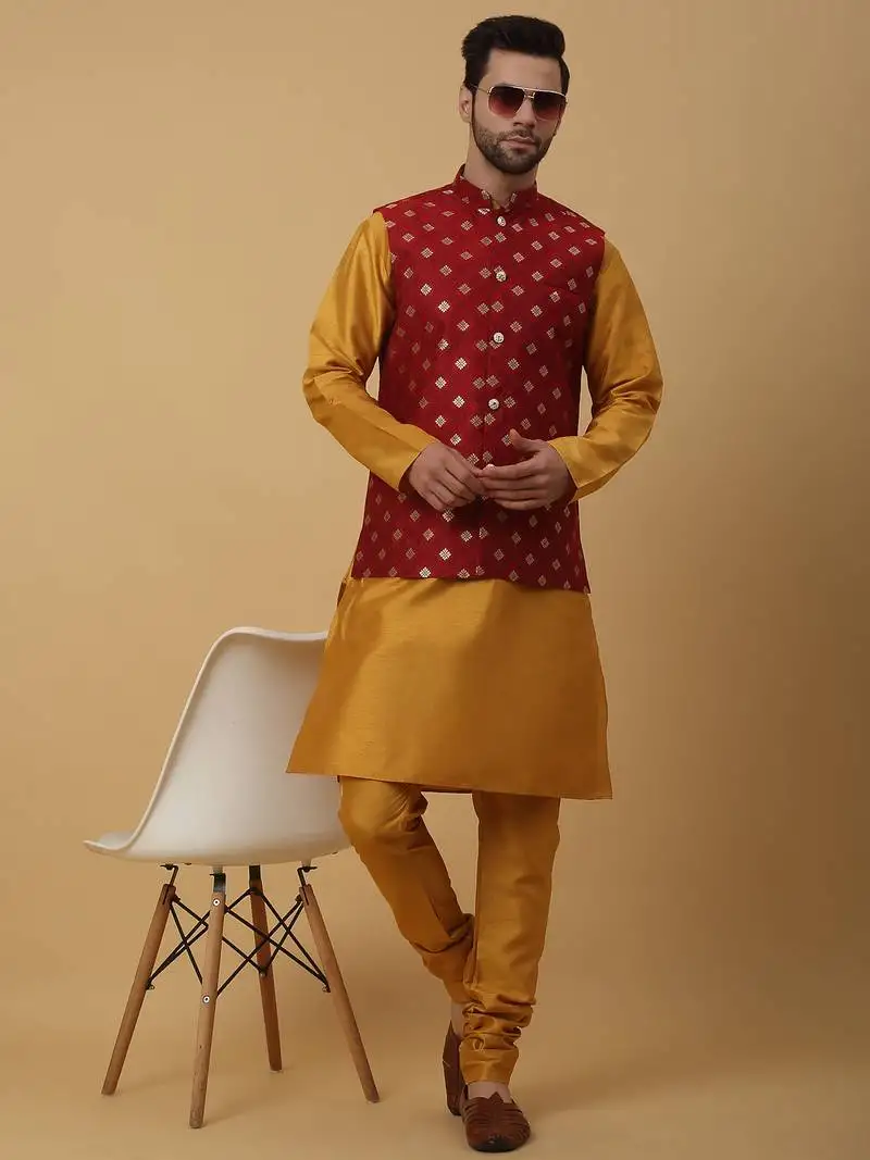 Men's mustard kurta and churidar with jacquard ethnic nehru jacket
