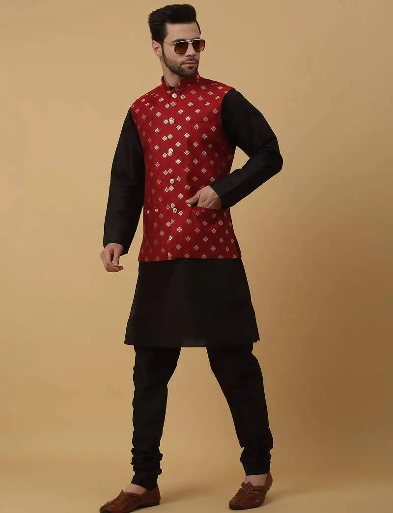Men's black kurta and churidar with jacquard ethnic nehru jacket