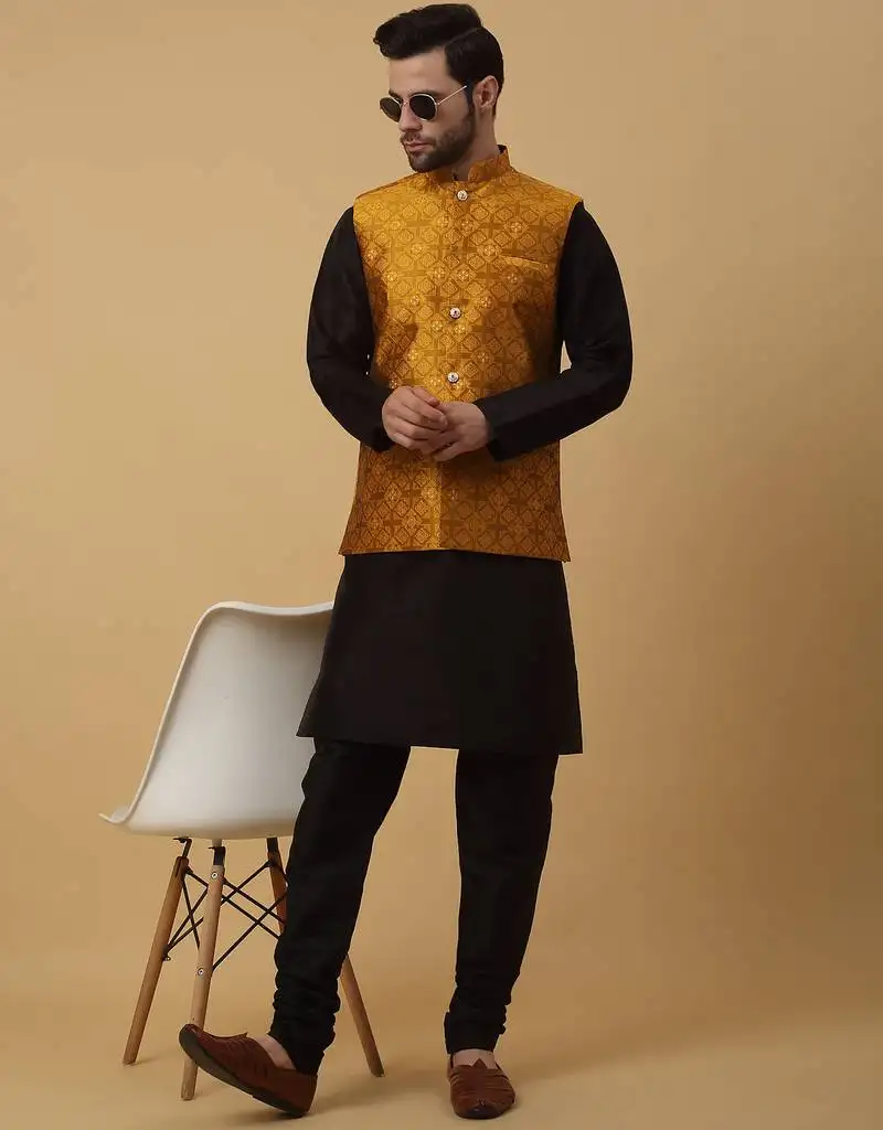 Men's black kurta and churidar with jacquard floral nehru jacket