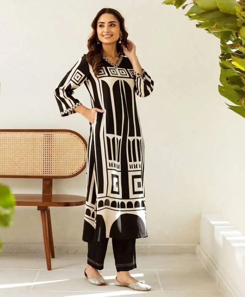 Charcoal black printed cotton kurta sets