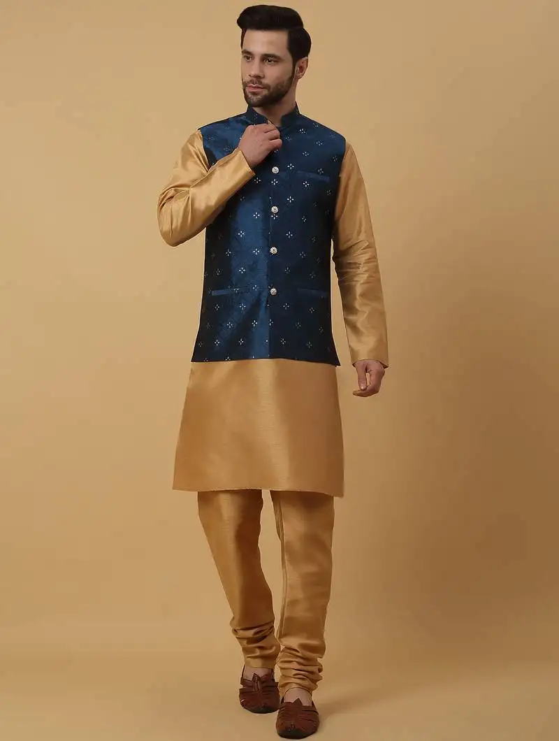 Men's gold kurta and churidar with jacquard floral nehru jacket