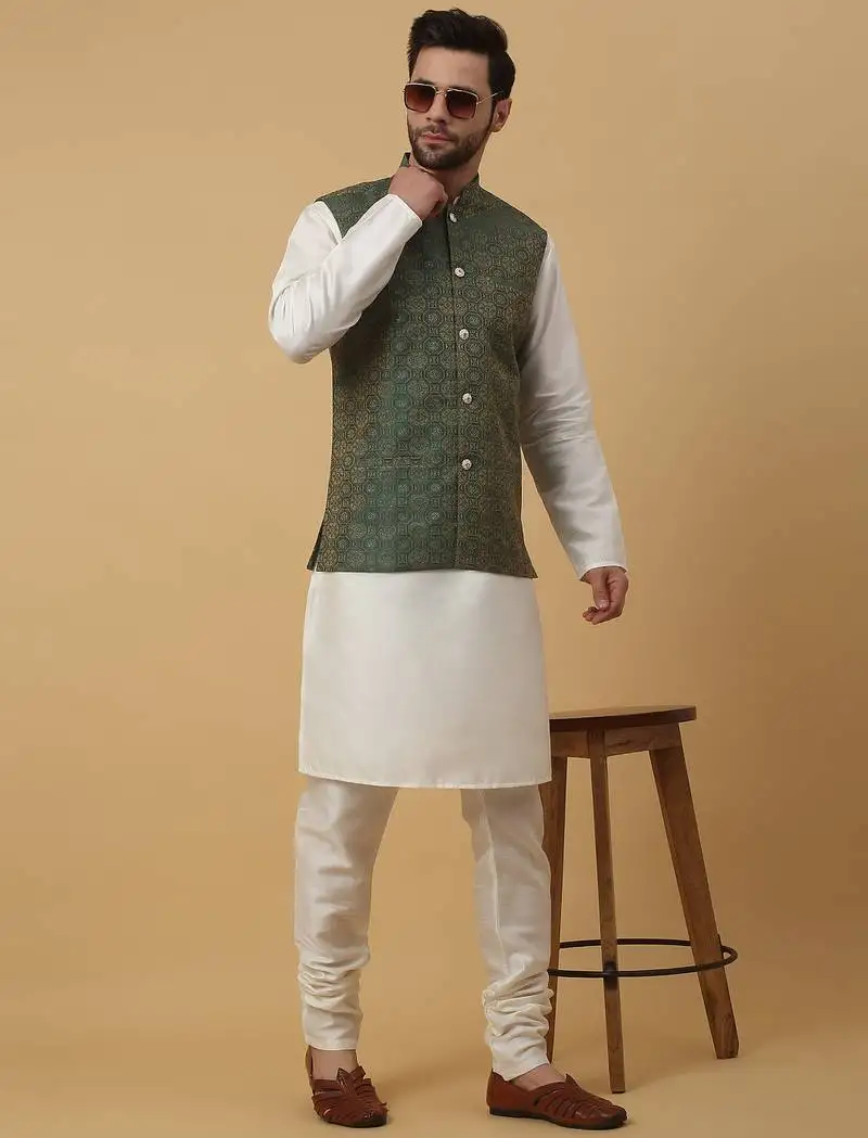 Men's cream kurta and churidar with jacquard ethnic motifs printed nehru jacket