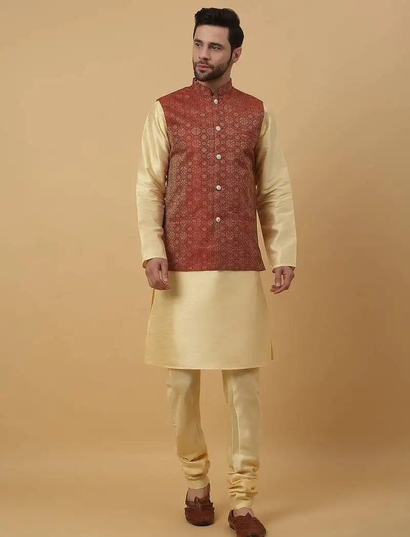 Men's beige kurta and churidar with jacquard ethnic motifs printed nehru jacket