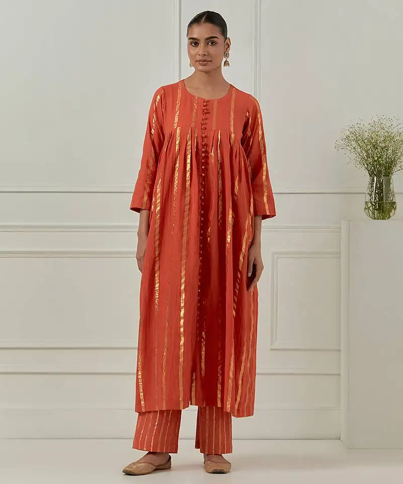 Orange solid cotton anarkali