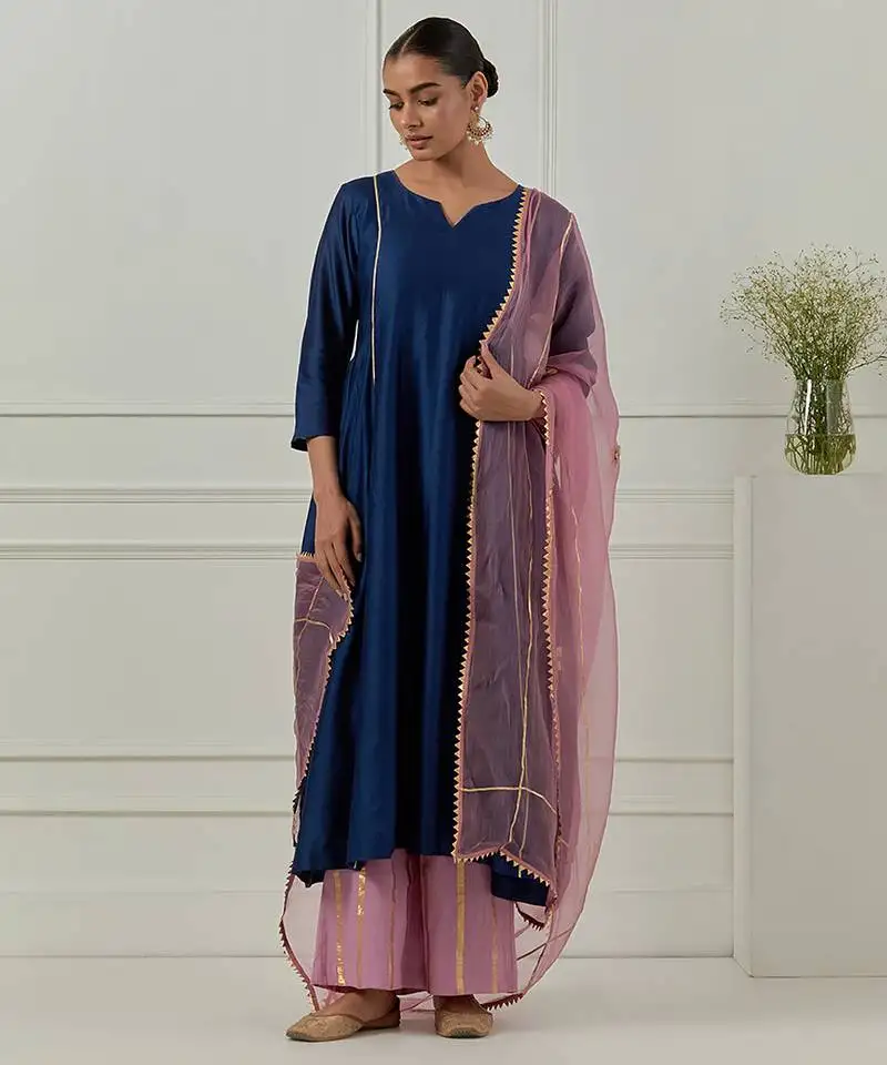 Blue solid chanderi kurta set