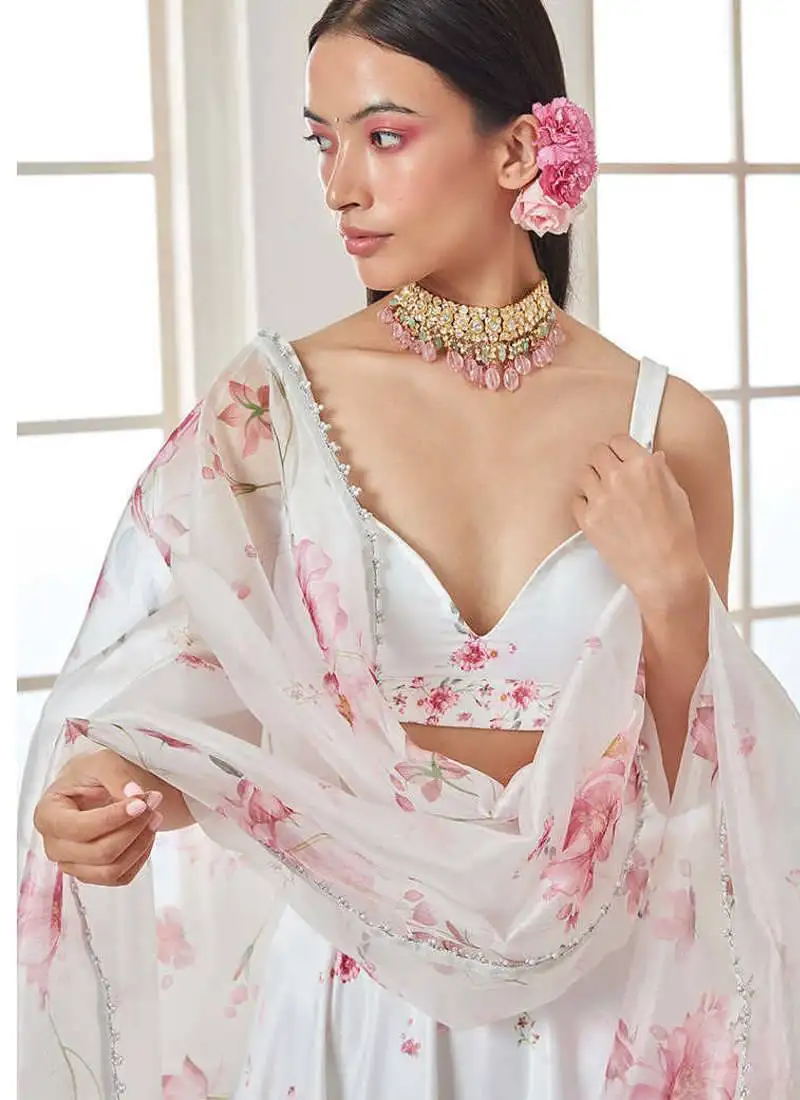 White shiny satin silk with cancan & canvas lehenga choli