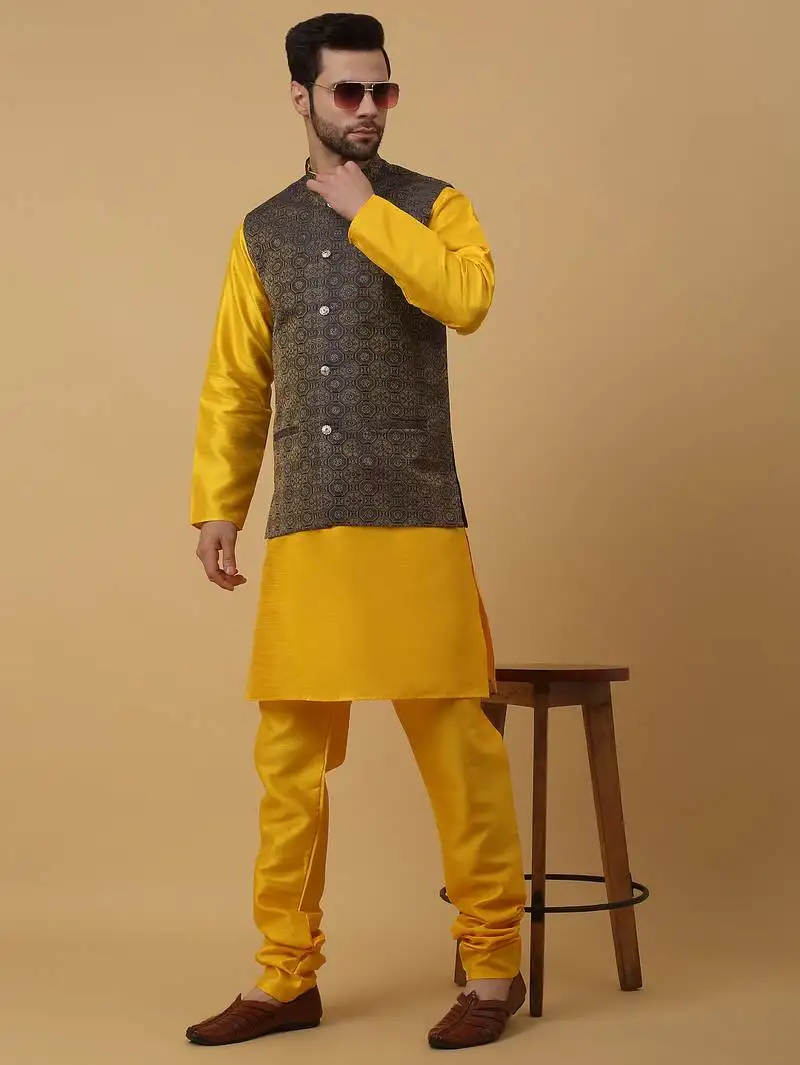 Men's yellow kurta and churidar with jacquard ethnic motifs printed nehru jacket