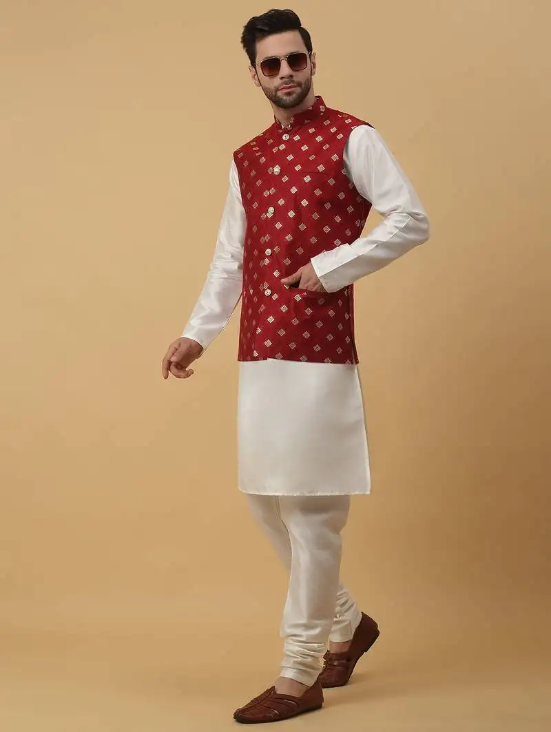 Men's cream kurta and churidar with jacquard ethnic nehru jacket