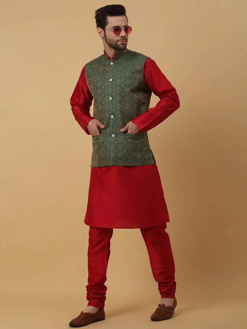 Men's red kurta and churidar with jacquard ethnic motifs printed nehru jacket