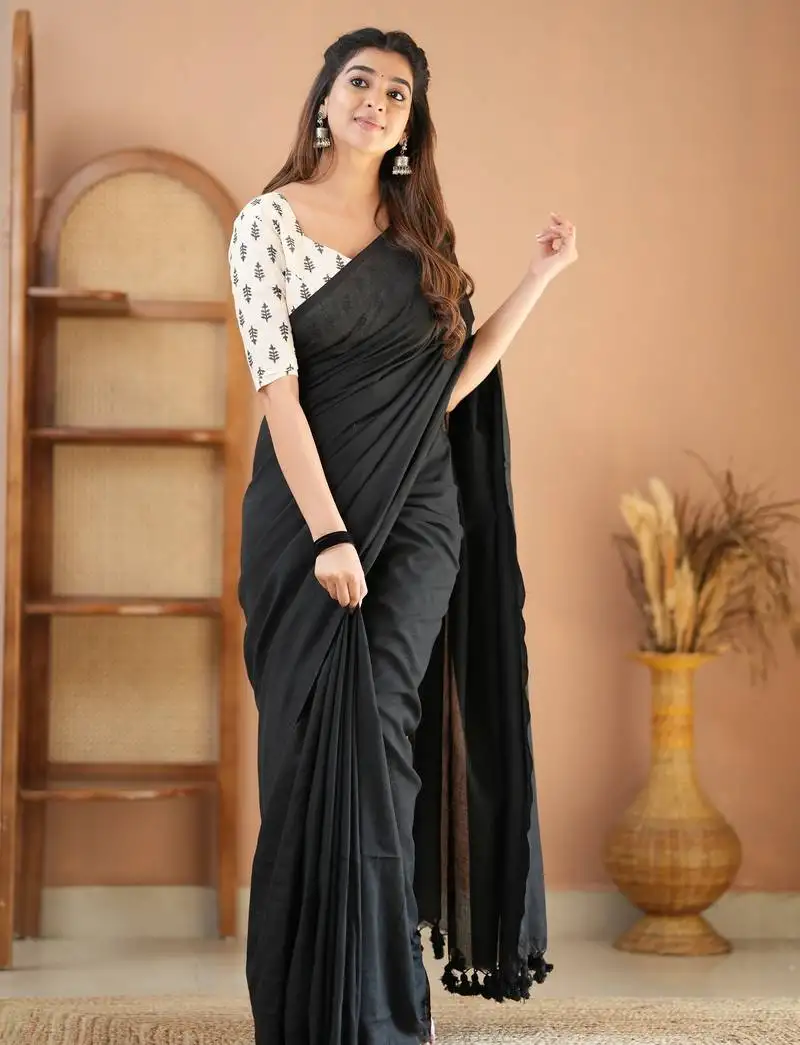 Black handloom cotton saree with designer blouse