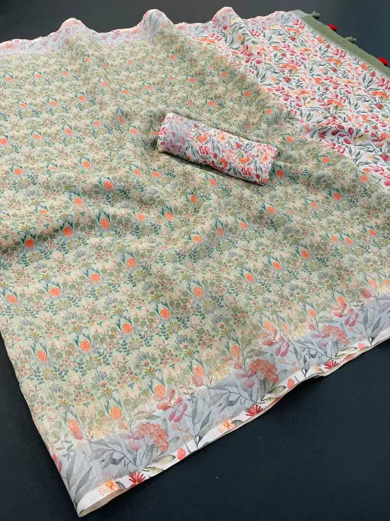 Light green linen cotton digital print saree with tassel pallu