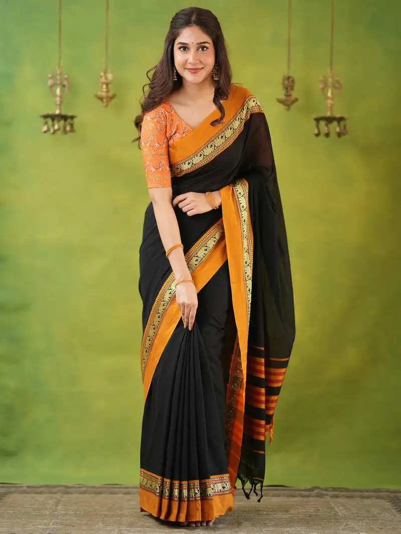 Black narayanpet woven cotton saree