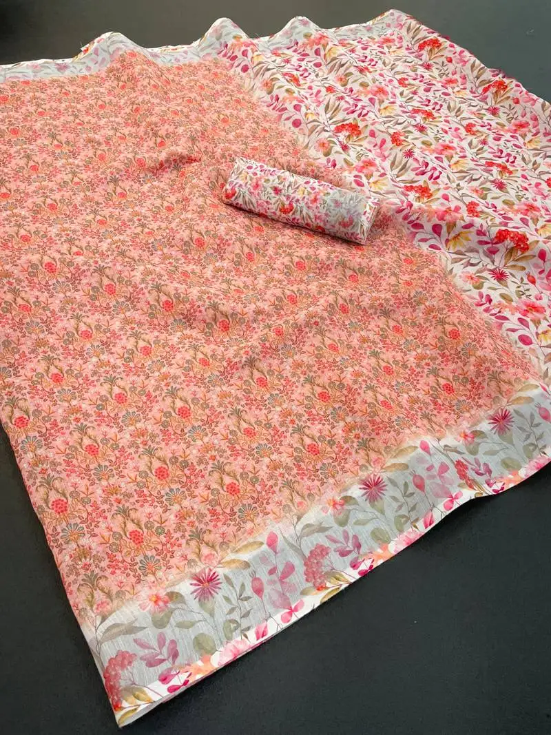 Orange linen cotton digital print saree with tassel pallu