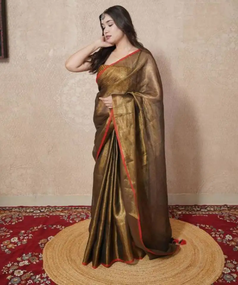 Copper zari linen saree