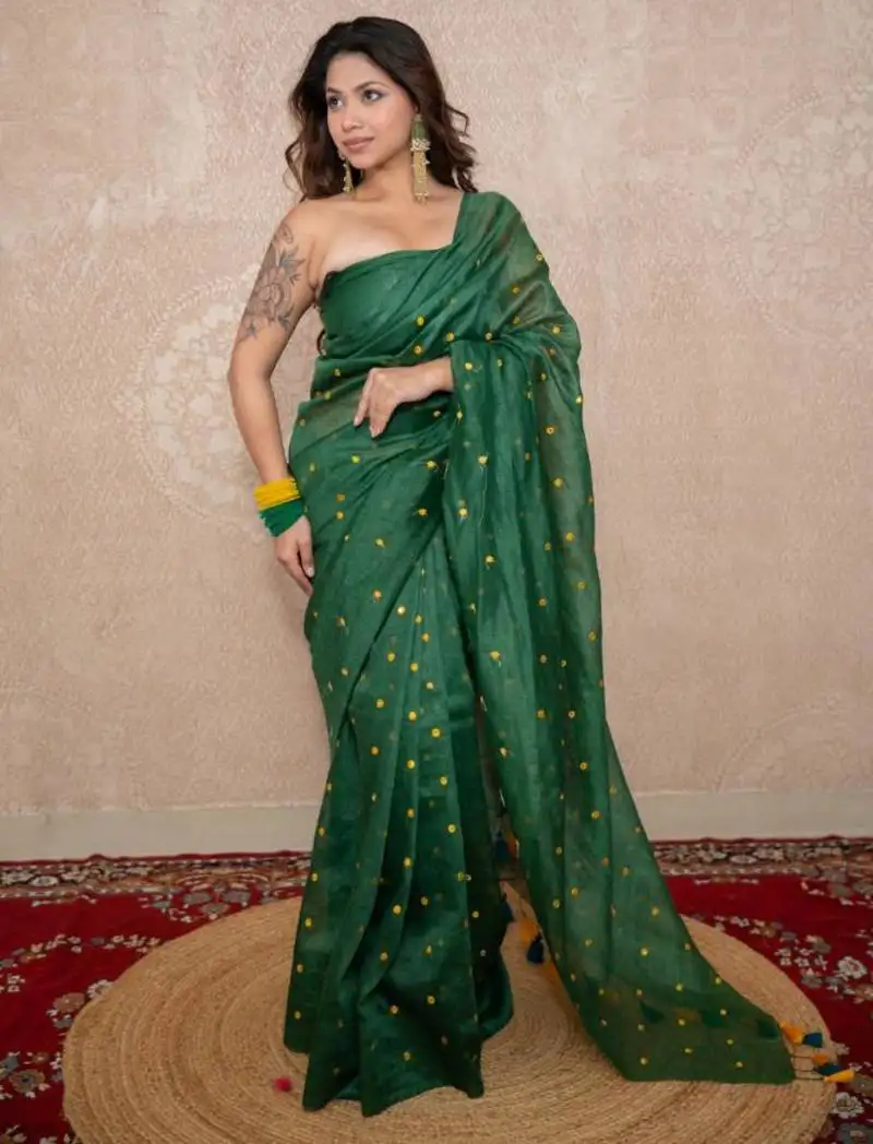 Green tikli work saree