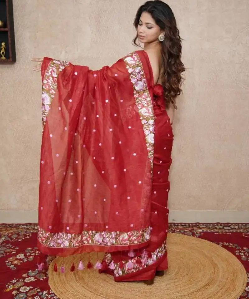 Red floral silk blend saree