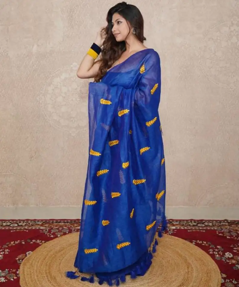Blue silk blend saree with leaf embroidery