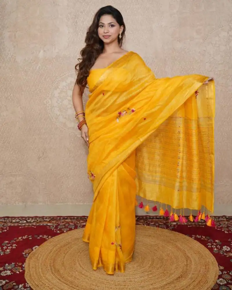 Yellow silk blend linen saree