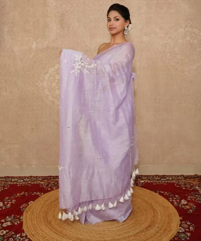 Lavender silk blend linen saree