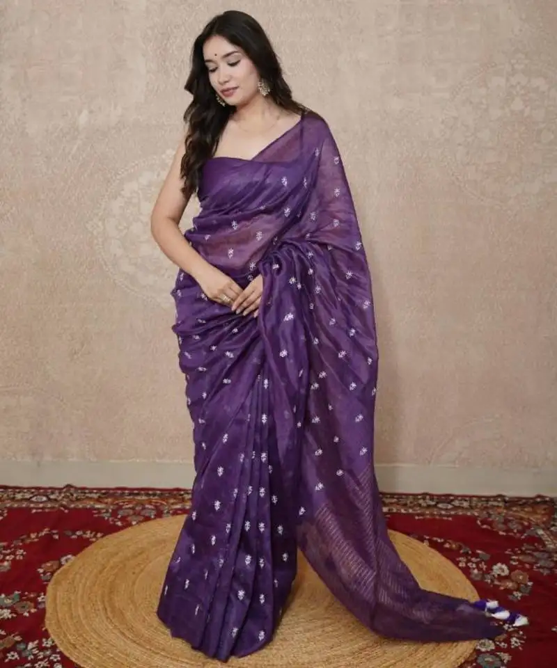 Purple floral silk blend linen saree