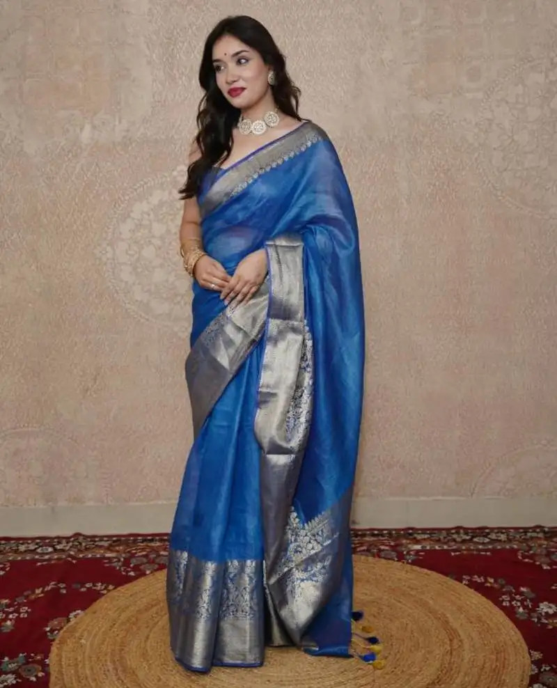 Blue silk blend linen saree
