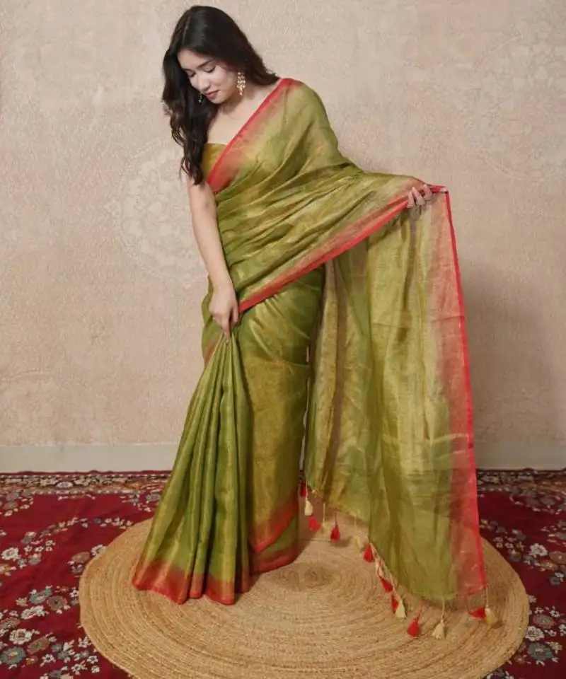 Green zari linen saree