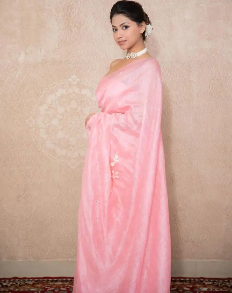 Pink silk blend linen saree