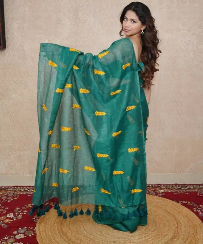 Green silk blend saree with leaf embroidery