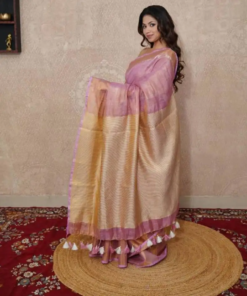Pink zari saree with temple border