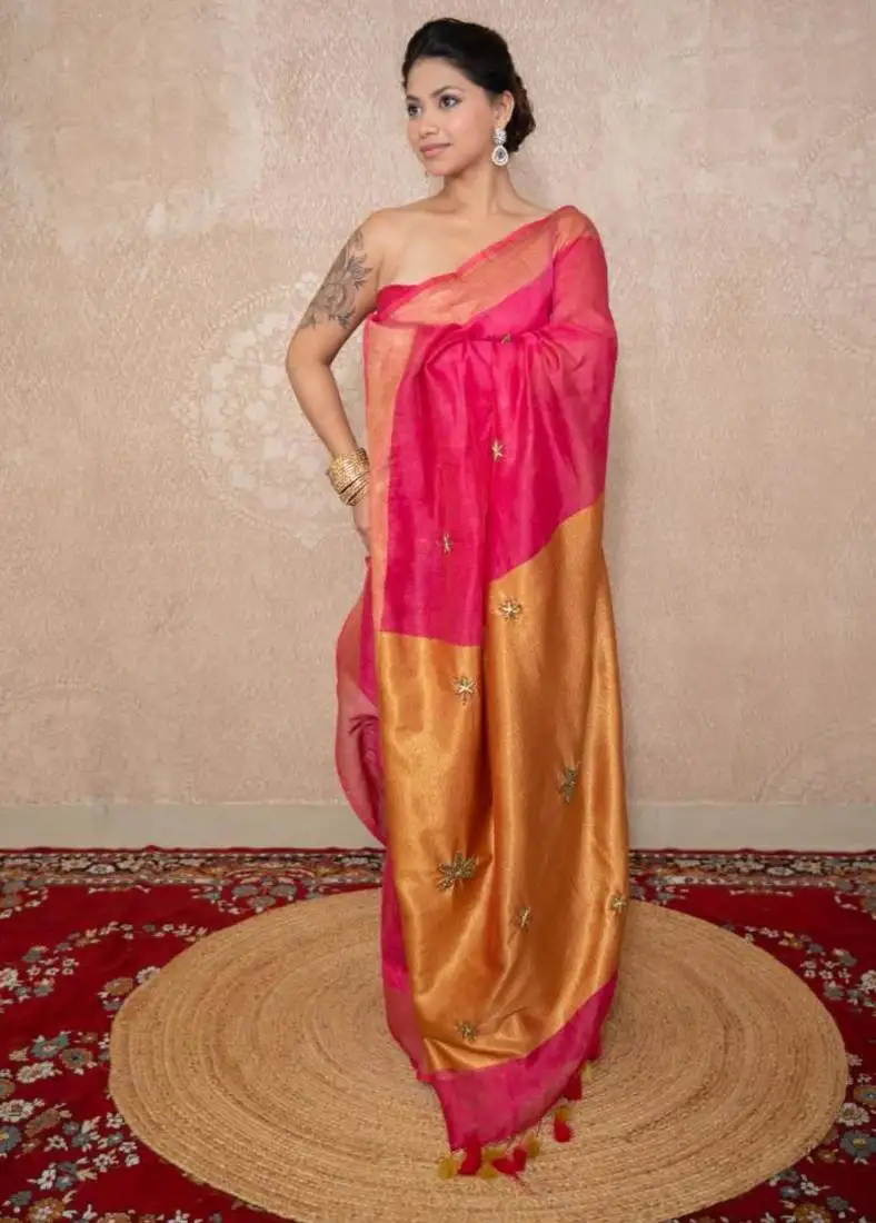 Pink saree with hand embroidery