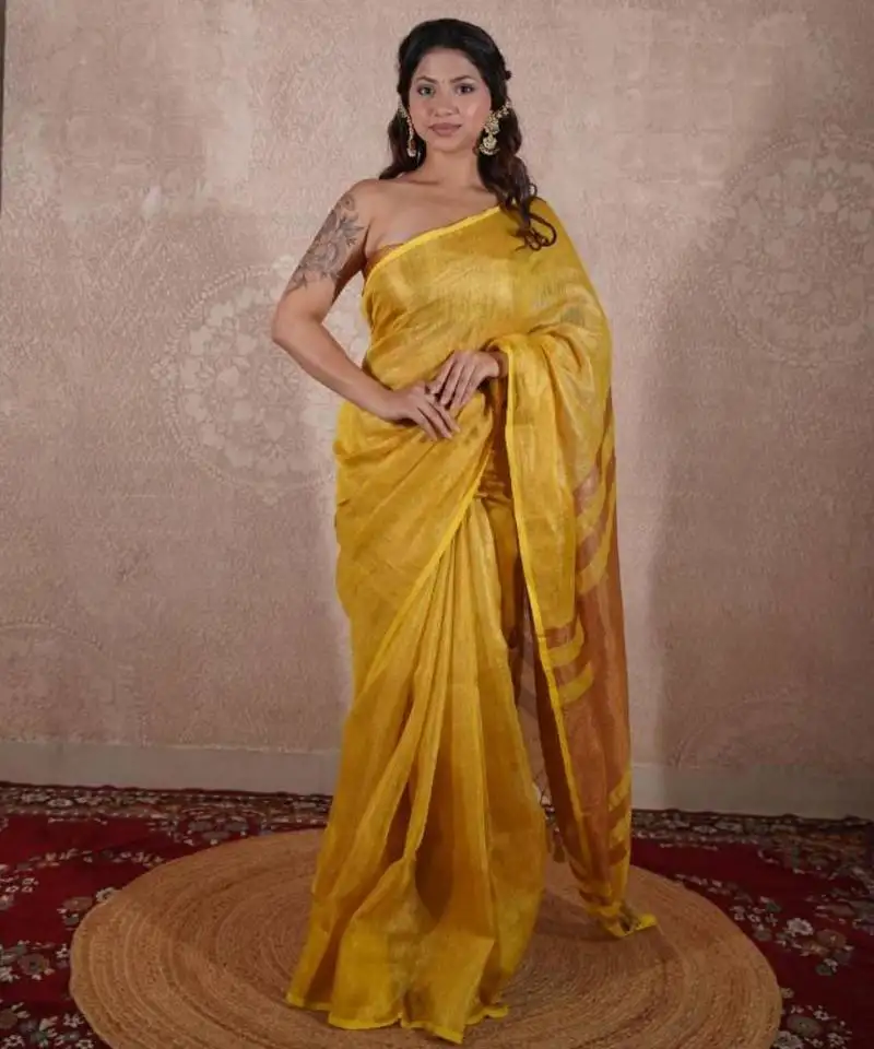Yellow saree with zari stripes