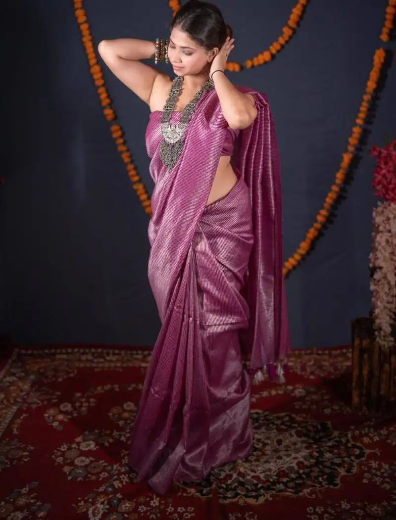 Purple striped zari linen saree