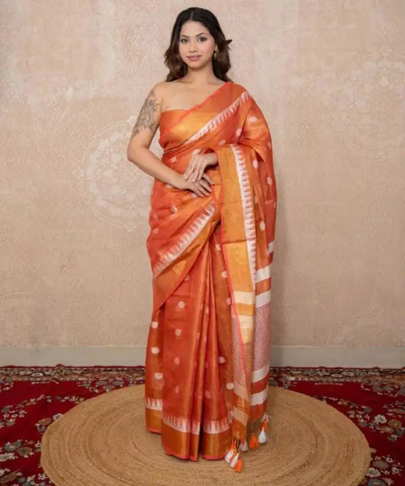 Peach zari linen saree
