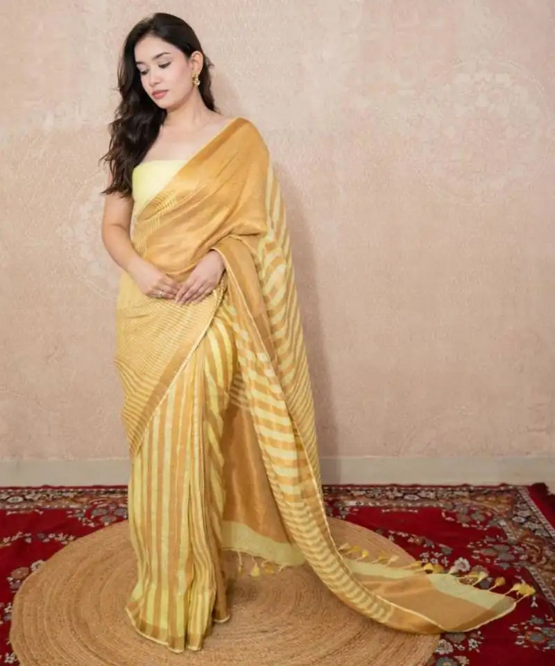 Yellow striped zari linen saree